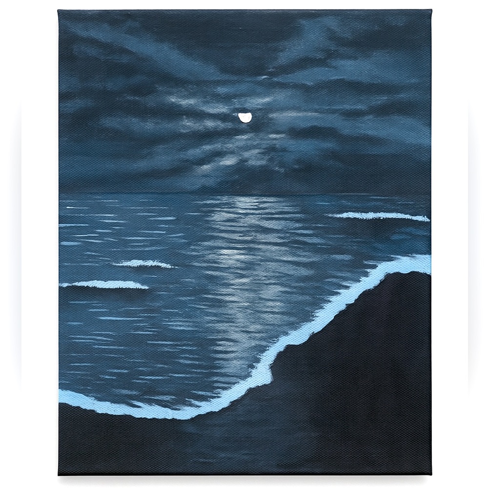 Moonlit Serenity: Black and Gray Nighttime Seascape Painting 16x20